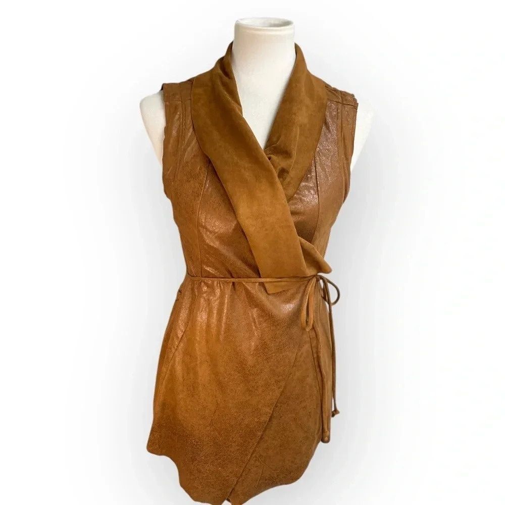 Comme USA Faux Suede Leather Vest, small. Belt tie wrap waterfall cowl brown tan